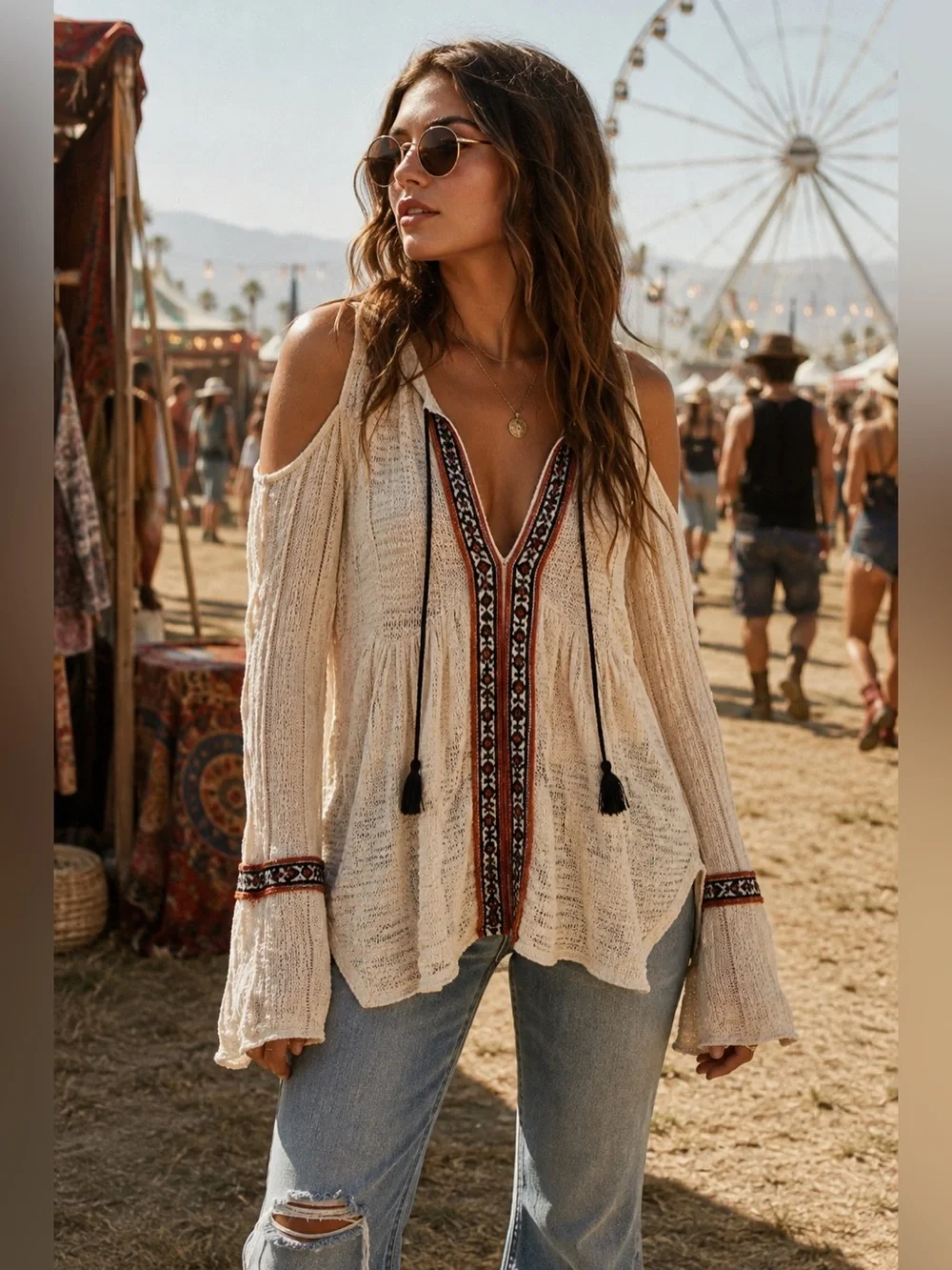 Free People Cold Shoulder Boho Knit Tunic Sweater Cream Size Large